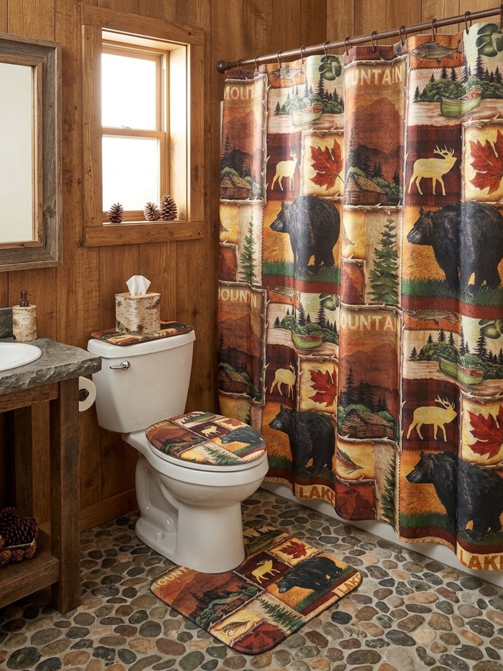 Rustic Bear & Moose Shower Curtain Set - Brown Woodland Bathroom Decor